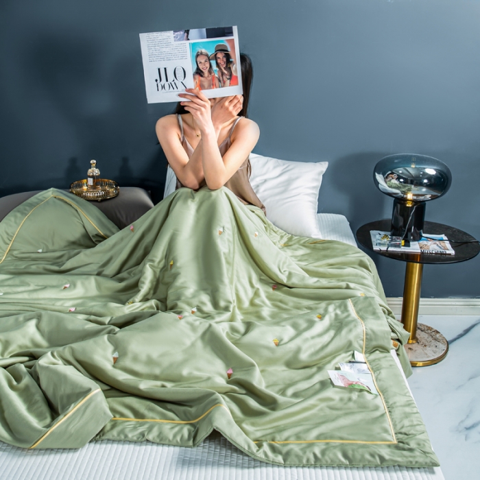 91家纺网 家纺一手货源 找家纺 被靠被 2023新款莫代尔烟酰胺刺绣夏被冰激凌系列 抹茶绿