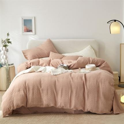 91家纺网 家纺一手货源 找家纺 名品优仓 2023新款纯棉水洗棉三层纱提花四件套 狡花粉