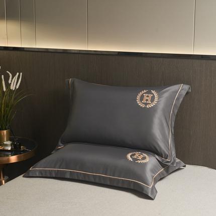 水洗真丝枕套单人枕套刺绣加密枕芯学生宿舍家用48x74一对装 夏月-深空灰（一对）