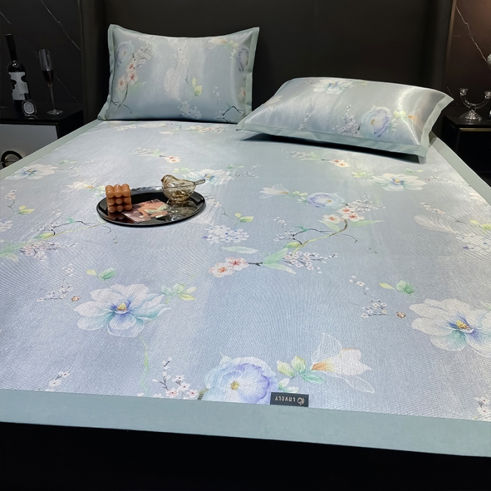 91家纺网 家纺一手货源 找家纺 安哆啦 2022新款600D加厚冰丝凉席 百合蓝