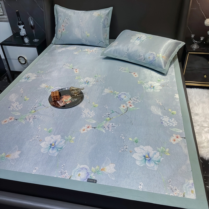 91家纺网 家纺一手货源 找家纺 安哆啦 2022新款600D加厚冰丝凉席 百合蓝