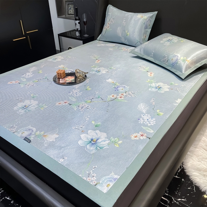 91家纺网 家纺一手货源 找家纺 安哆啦 2022新款600D加厚冰丝凉席 百合蓝