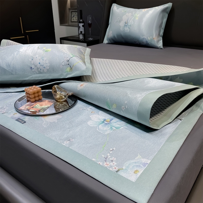 91家纺网 家纺一手货源 找家纺 安哆啦 2022新款600D加厚冰丝凉席 百合蓝