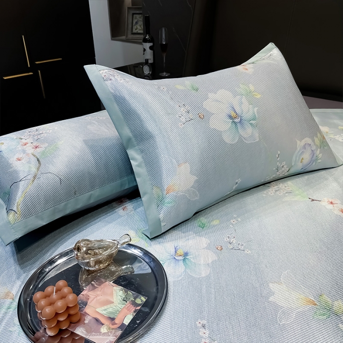 91家纺网 家纺一手货源 找家纺 安哆啦 2022新款600D加厚冰丝凉席 百合蓝