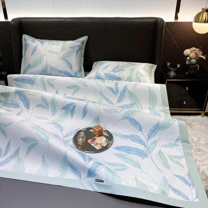 91家纺网 家纺一手货源 找家纺 安哆啦 2022新款600D加厚冰丝凉席 北欧叶