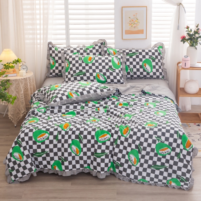 91家纺网 家纺一手货源 找家纺 斯卡诺2023韩版花边洛卡棉夏被四件套小香丝夏凉被牛油果