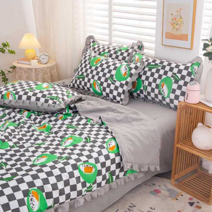 91家纺网 家纺一手货源 找家纺 斯卡诺2023韩版花边洛卡棉夏被四件套小香丝夏凉被牛油果