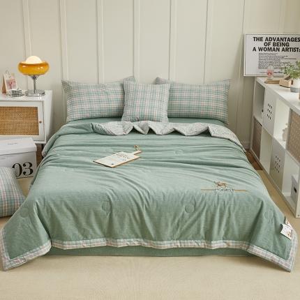 91家纺网 家纺一手货源 找家纺 翰轩 2022新款A类全棉色织水洗棉绣花大豆夏被四件套夏凉被 青柠格