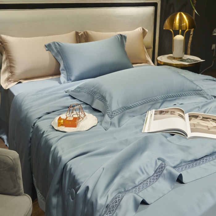 91家纺网 家纺一手货源 找家纺 榻尚 2023新款TS-天丝夏被四件套系列-柏曼系列 黛蓝