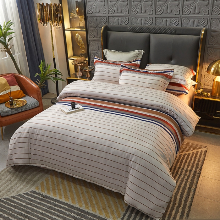 91家纺网 家纺一手货源 找家纺 富之航 2023大版数码印花亚棉磨毛四件套 条纹格调