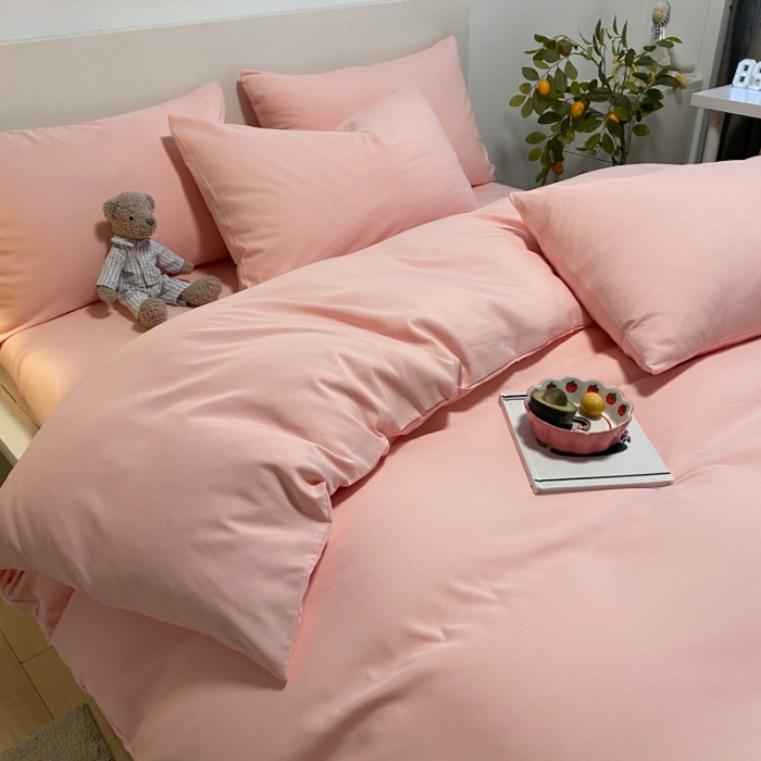 91家纺网 家纺一手货源 找家纺 同田 2023新纯色拼色水洗棉四件套三件套 粉玉