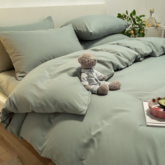 91家纺网 家纺一手货源 找家纺 同田 2023新纯色拼色水洗棉四件套三件套 果绿