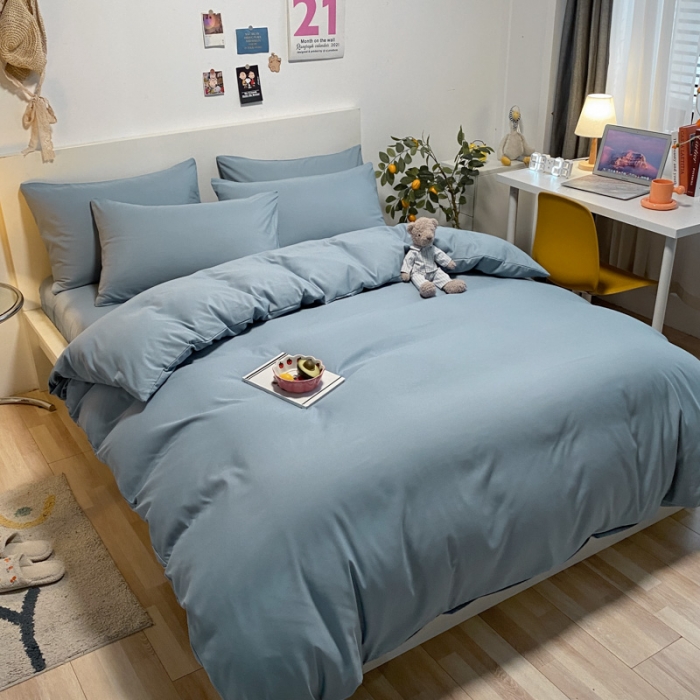 91家纺网 家纺一手货源 找家纺 同田 2023新纯色拼色水洗棉四件套三件套 海盐蓝