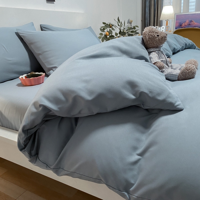 91家纺网 家纺一手货源 找家纺 同田 2023新纯色拼色水洗棉四件套三件套 海盐蓝