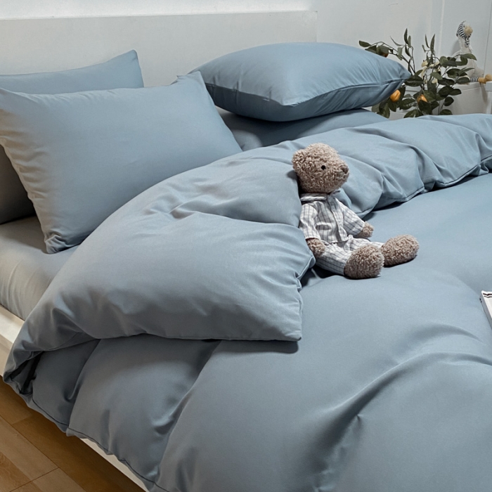 91家纺网 家纺一手货源 找家纺 同田 2023新纯色拼色水洗棉四件套三件套 海盐蓝