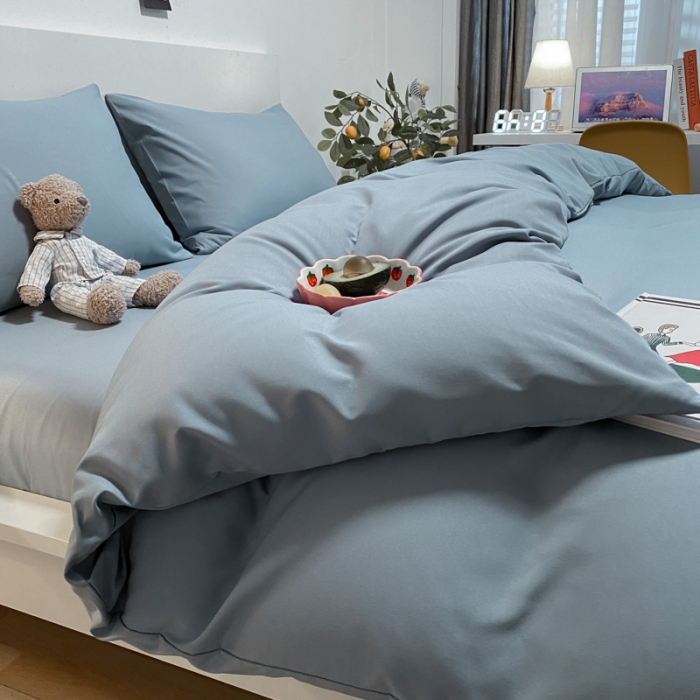 91家纺网 家纺一手货源 找家纺 同田 2023新纯色拼色水洗棉四件套三件套 海盐蓝