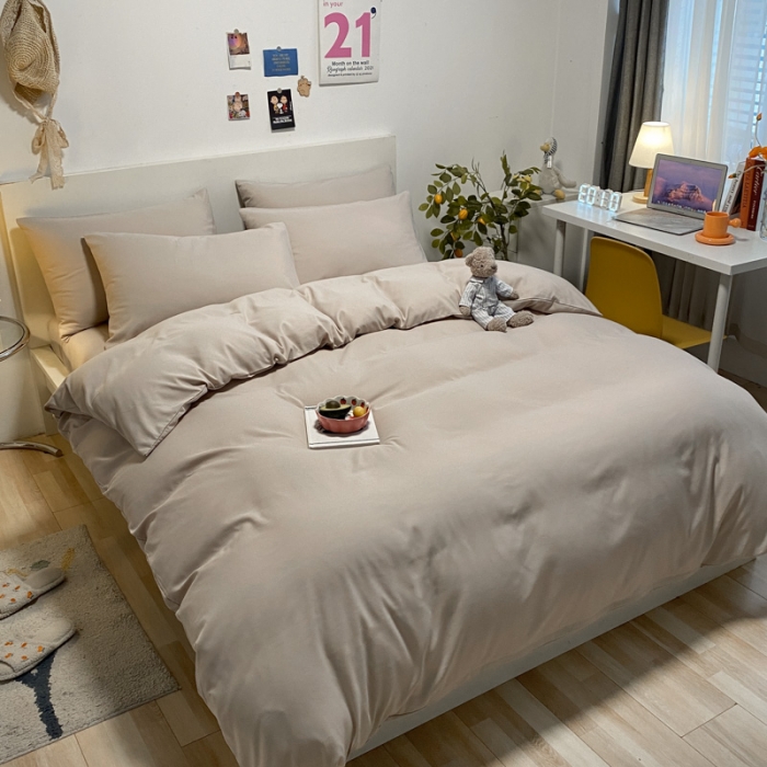 91家纺网 家纺一手货源 找家纺 同田 2023新纯色拼色水洗棉四件套三件套 卡其