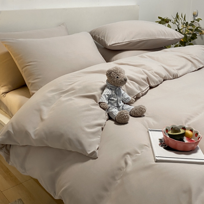 91家纺网 家纺一手货源 找家纺 同田 2023新纯色拼色水洗棉四件套三件套 卡其