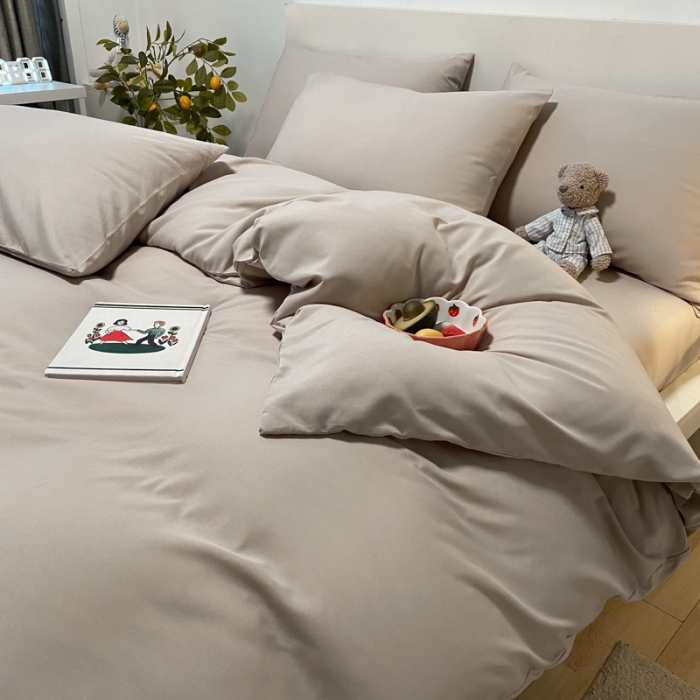 91家纺网 家纺一手货源 找家纺 同田 2023新纯色拼色水洗棉四件套三件套 卡其