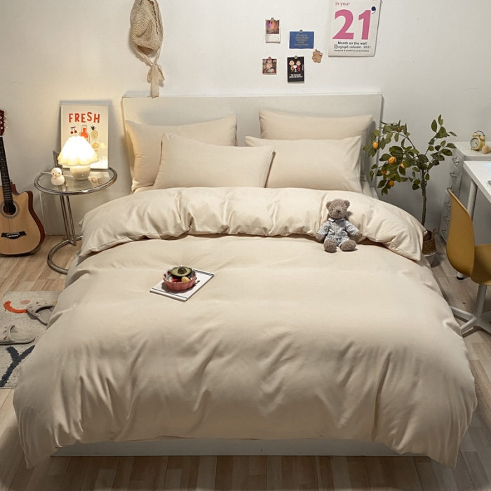 91家纺网 家纺一手货源 找家纺 同田 2023新纯色拼色水洗棉四件套三件套 奶茶色