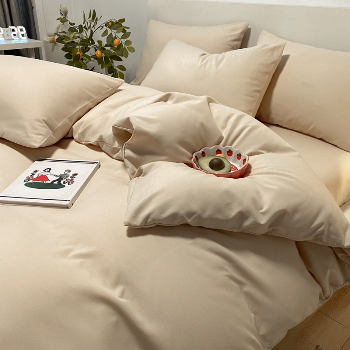 91家纺网 家纺一手货源 找家纺 同田 2023新纯色拼色水洗棉四件套三件套 奶茶色