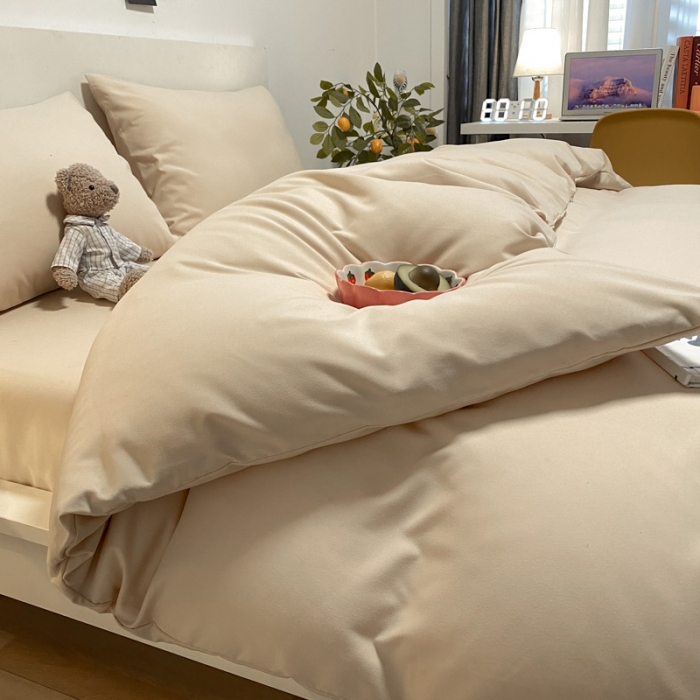 91家纺网 家纺一手货源 找家纺 同田 2023新纯色拼色水洗棉四件套三件套 奶茶色