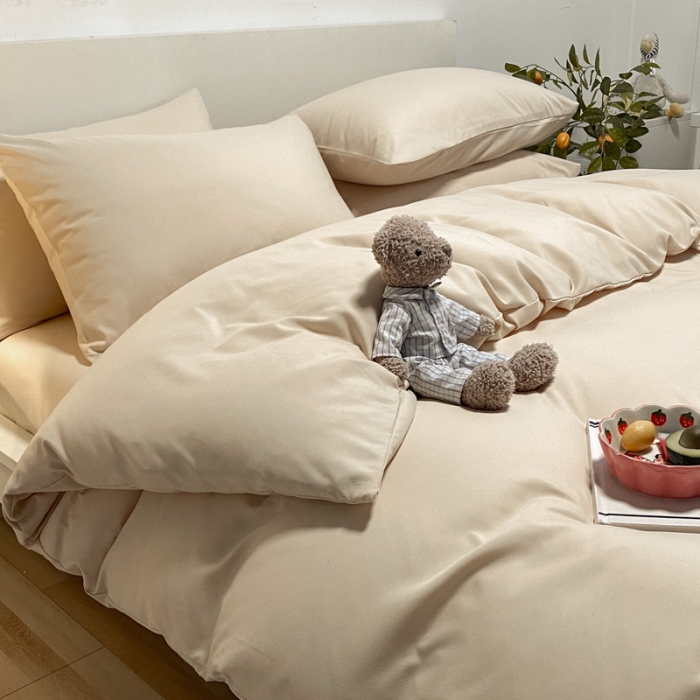 91家纺网 家纺一手货源 找家纺 同田 2023新纯色拼色水洗棉四件套三件套 奶茶色