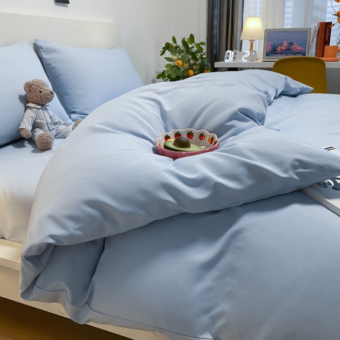 91家纺网 家纺一手货源 找家纺 同田 2023新纯色拼色水洗棉四件套三件套 天空蓝