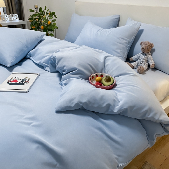 91家纺网 家纺一手货源 找家纺 同田 2023新纯色拼色水洗棉四件套三件套 天空蓝
