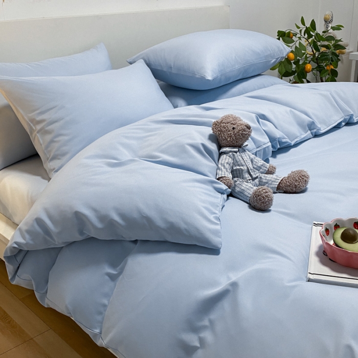 91家纺网 家纺一手货源 找家纺 同田 2023新纯色拼色水洗棉四件套三件套 天空蓝