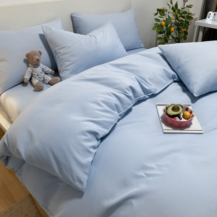 91家纺网 家纺一手货源 找家纺 同田 2023新纯色拼色水洗棉四件套三件套 天空蓝