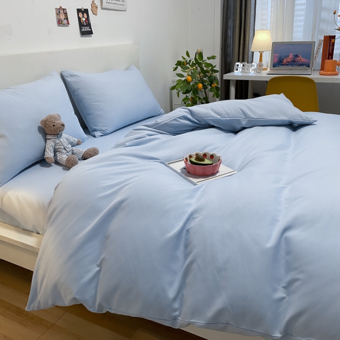 91家纺网 家纺一手货源 找家纺 同田 2023新纯色拼色水洗棉四件套三件套 天空蓝