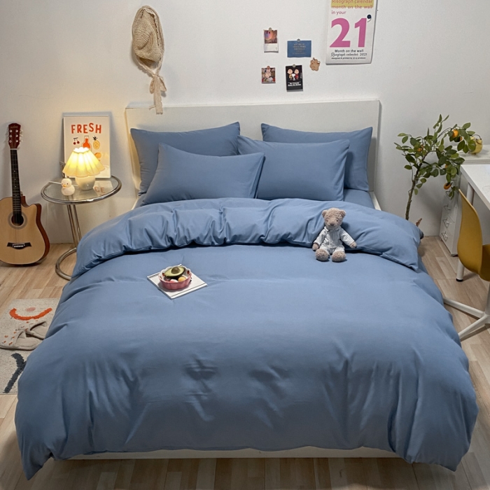 91家纺网 家纺一手货源 找家纺 同田 2023新纯色拼色水洗棉四件套三件套 蔚蓝