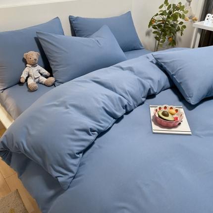 同田 2023新纯色拼色水洗棉四件套三件套 蔚蓝