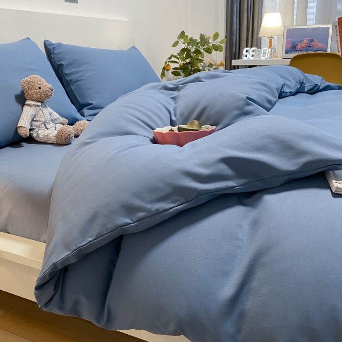 91家纺网 家纺一手货源 找家纺 同田 2023新纯色拼色水洗棉四件套三件套 蔚蓝