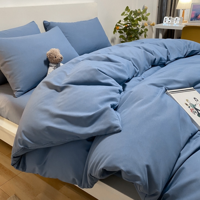 91家纺网 家纺一手货源 找家纺 同田 2023新纯色拼色水洗棉四件套三件套 蔚蓝