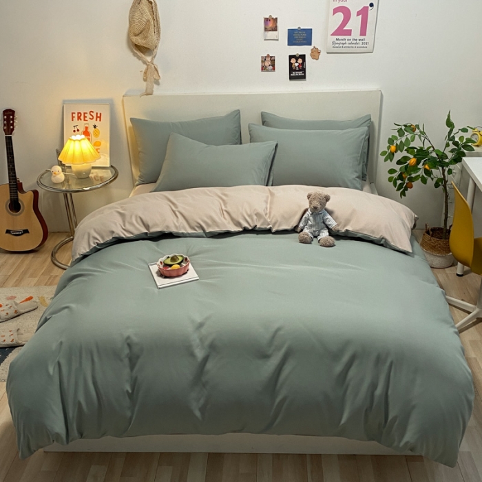 91家纺网 家纺一手货源 找家纺 同田 2023新纯色拼色水洗棉四件套三件套 果绿+奶茶