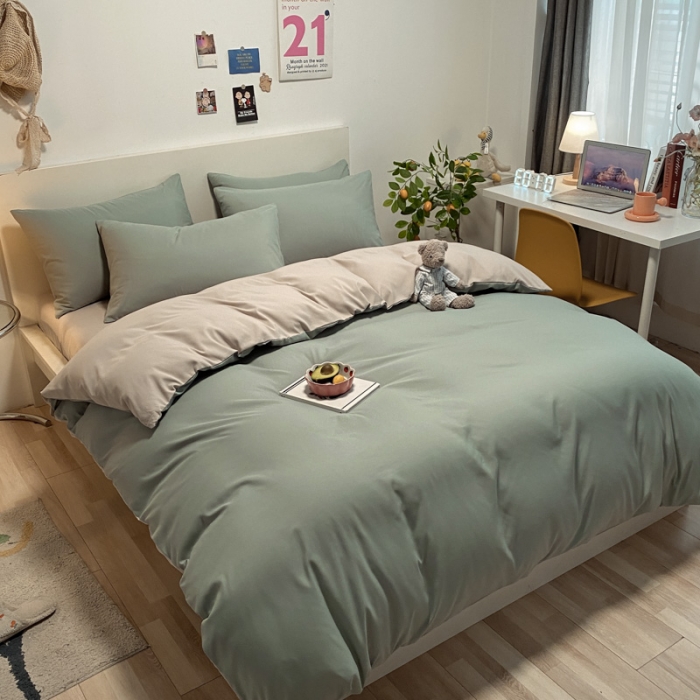 91家纺网 家纺一手货源 找家纺 同田 2023新纯色拼色水洗棉四件套三件套 果绿+奶茶