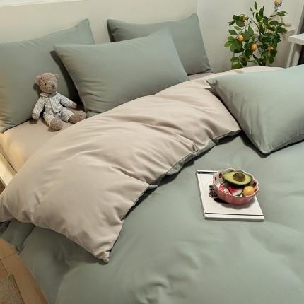 同田 2023新纯色拼色水洗棉四件套三件套 果绿+奶茶