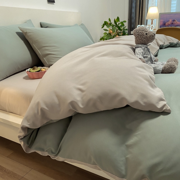 91家纺网 家纺一手货源 找家纺 同田 2023新纯色拼色水洗棉四件套三件套 果绿+奶茶