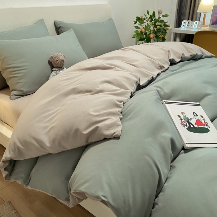 91家纺网 家纺一手货源 找家纺 同田 2023新纯色拼色水洗棉四件套三件套 果绿+奶茶