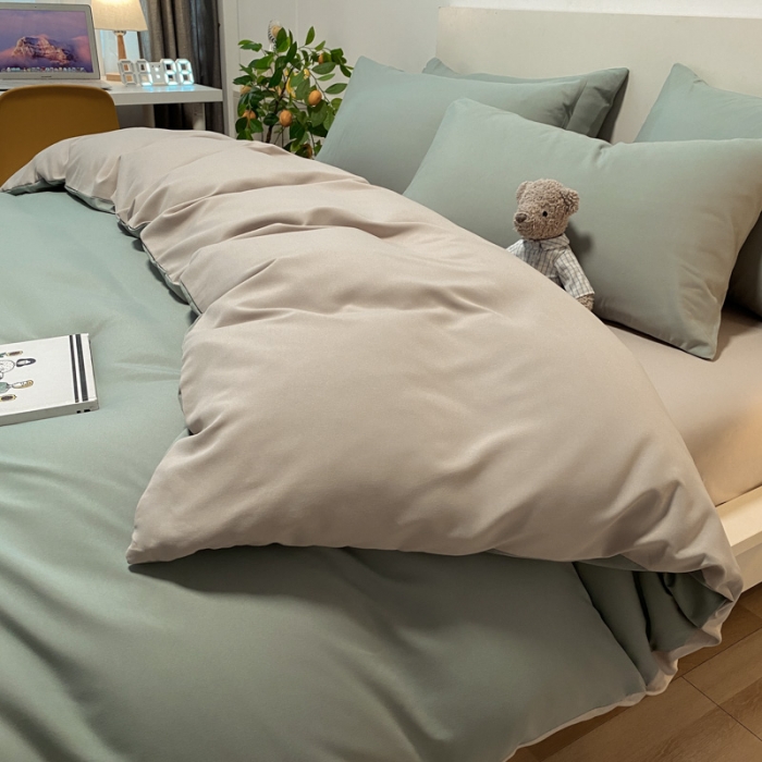 91家纺网 家纺一手货源 找家纺 同田 2023新纯色拼色水洗棉四件套三件套 果绿+奶茶
