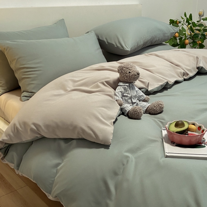 91家纺网 家纺一手货源 找家纺 同田 2023新纯色拼色水洗棉四件套三件套 果绿+奶茶