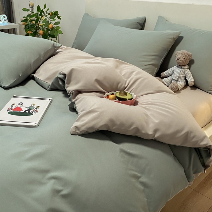 91家纺网 家纺一手货源 找家纺 同田 2023新纯色拼色水洗棉四件套三件套 果绿+奶茶