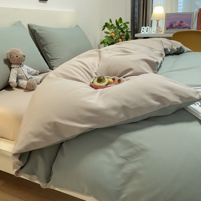 91家纺网 家纺一手货源 找家纺 同田 2023新纯色拼色水洗棉四件套三件套 果绿+奶茶