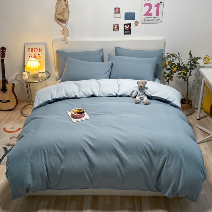 91家纺网 家纺一手货源 找家纺 同田 2023新纯色拼色水洗棉四件套三件套 海盐蓝+浅蓝