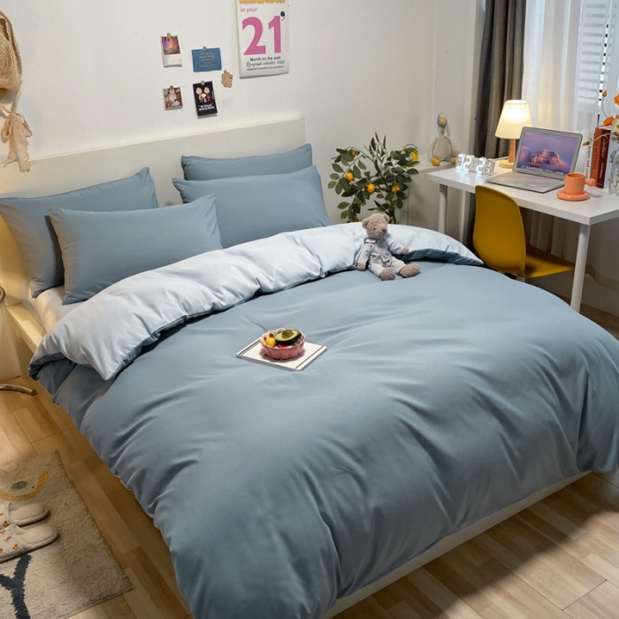91家纺网 家纺一手货源 找家纺 同田 2023新纯色拼色水洗棉四件套三件套 海盐蓝+浅蓝