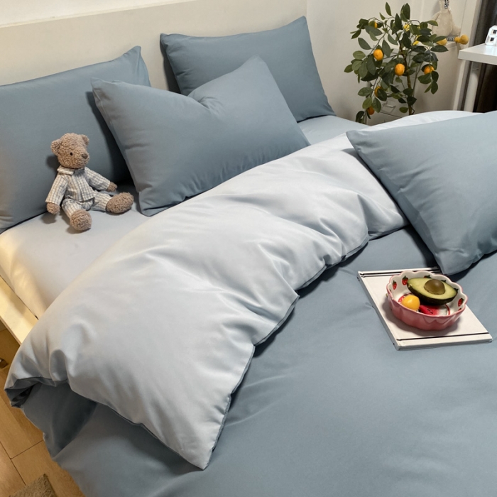 91家纺网 家纺一手货源 找家纺 同田 2023新纯色拼色水洗棉四件套三件套 海盐蓝+浅蓝