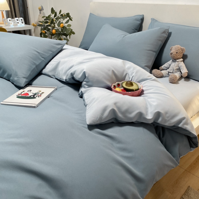 91家纺网 家纺一手货源 找家纺 同田 2023新纯色拼色水洗棉四件套三件套 海盐蓝+浅蓝