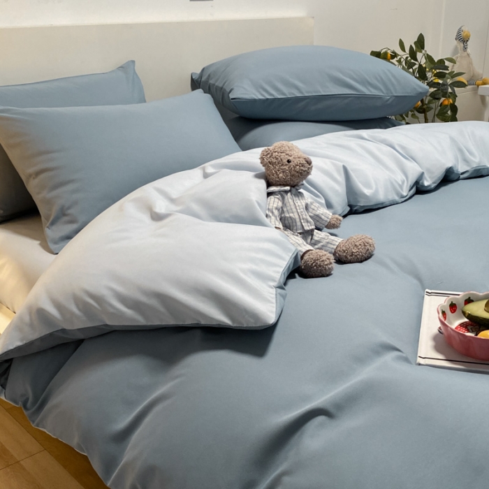 91家纺网 家纺一手货源 找家纺 同田 2023新纯色拼色水洗棉四件套三件套 海盐蓝+浅蓝